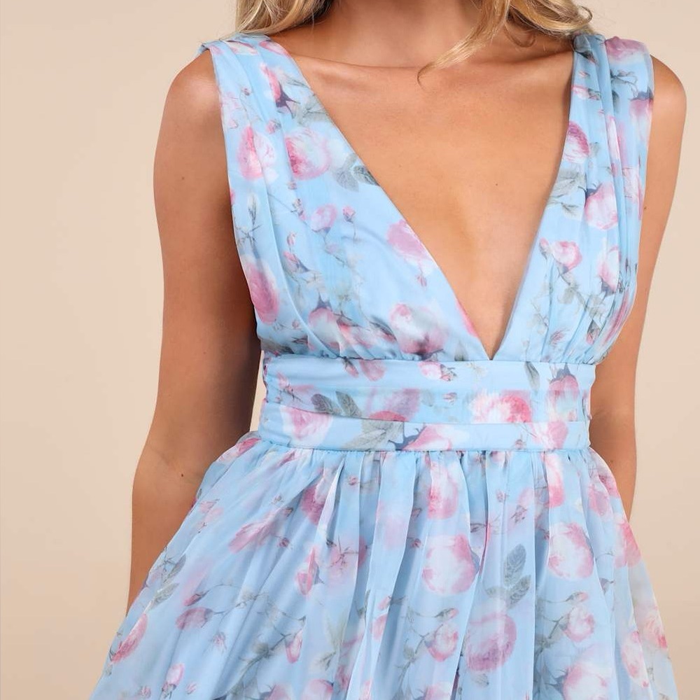 LULU’S Garden Romance Light Blue Floral Print Organza Maxi Dress - Picture 4 of 6